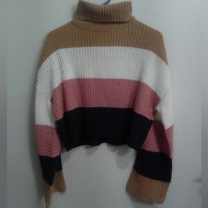 Tan and Pink Cowl Neck Sweater with Ribbed Knit